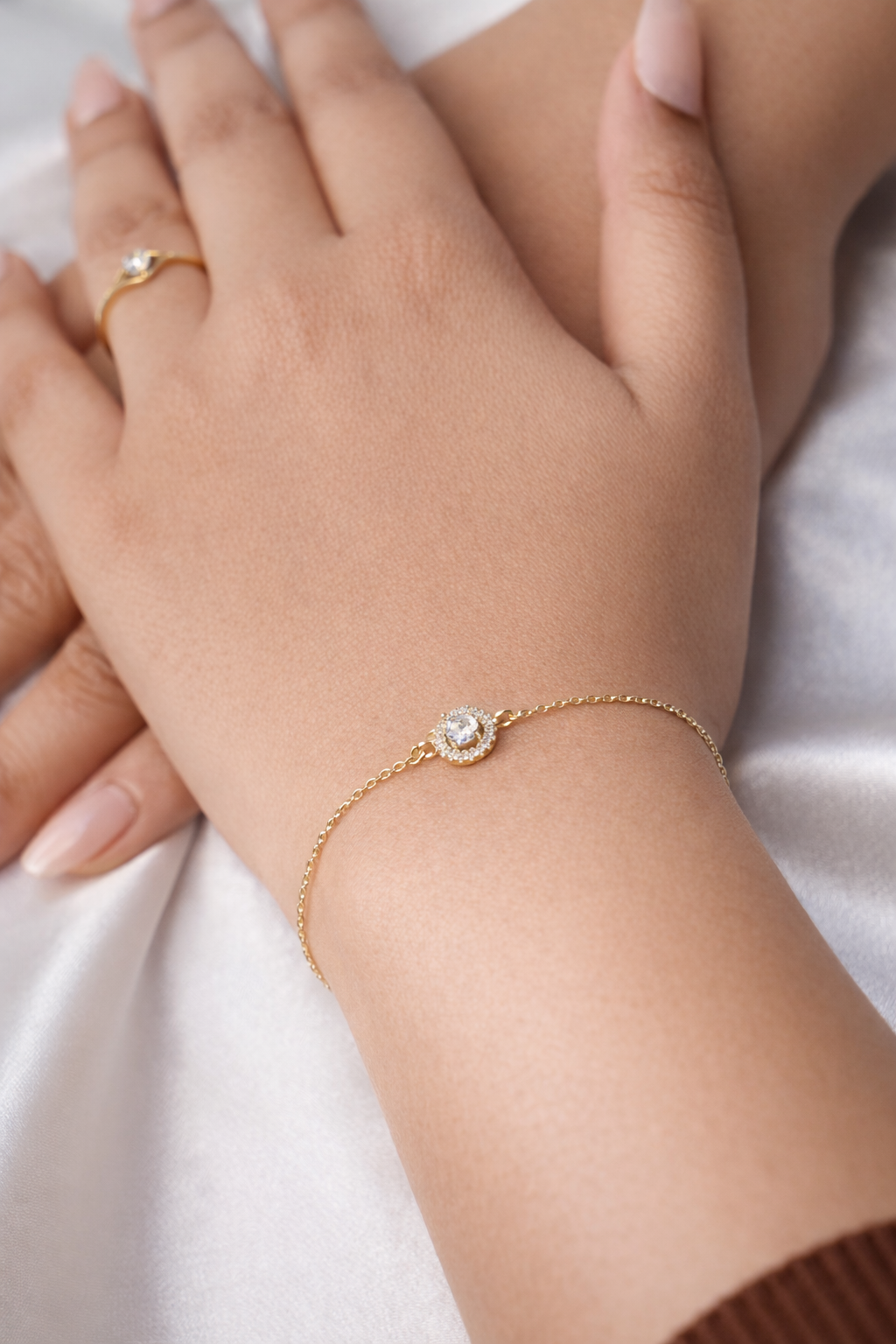 golden solitaire halo silver bracelet
